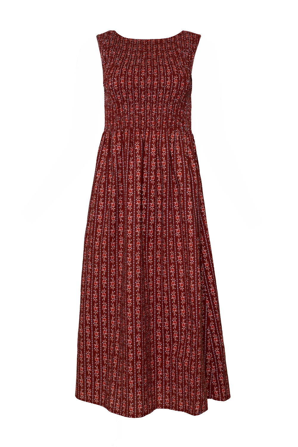 The Ana Dress in Sequoia Felicity Floral by Ivy City Co is a sleeveless, ankle-length maroon cotton dress with a round neckline and red-and-white floral print. Its smocked bodice and flared skirt offer a chic, maternity-friendly fit.
