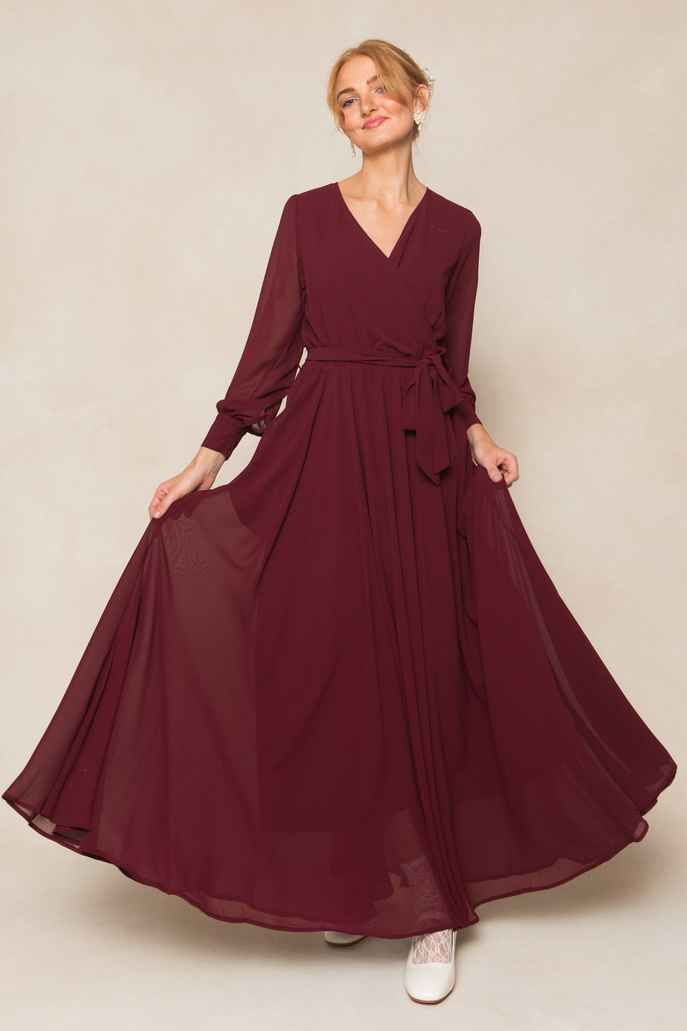 High quality IVY CITY Venice Dress With Flutter Sleeves In Wine L