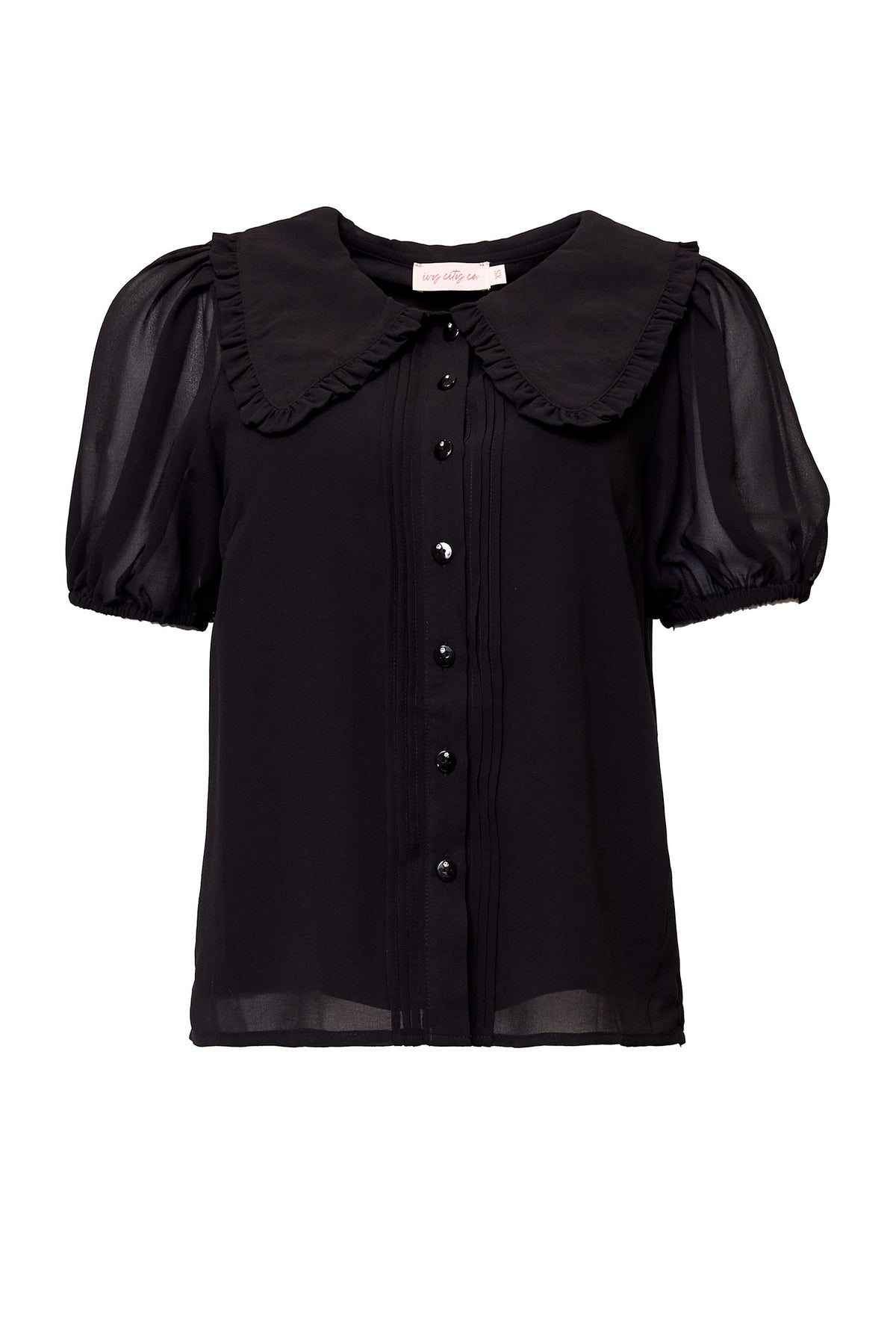 Black blouse with ruffled collar and puff sleeves on a white background