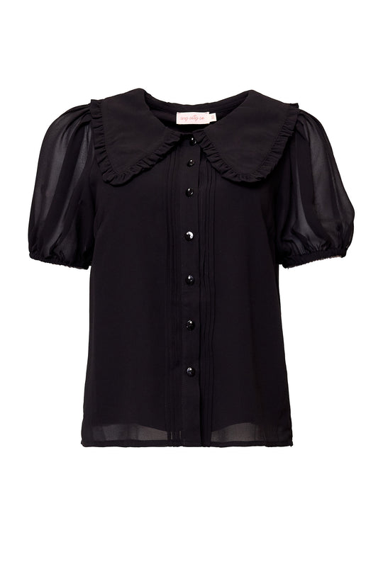 Black blouse with ruffled collar and puff sleeves on a white background