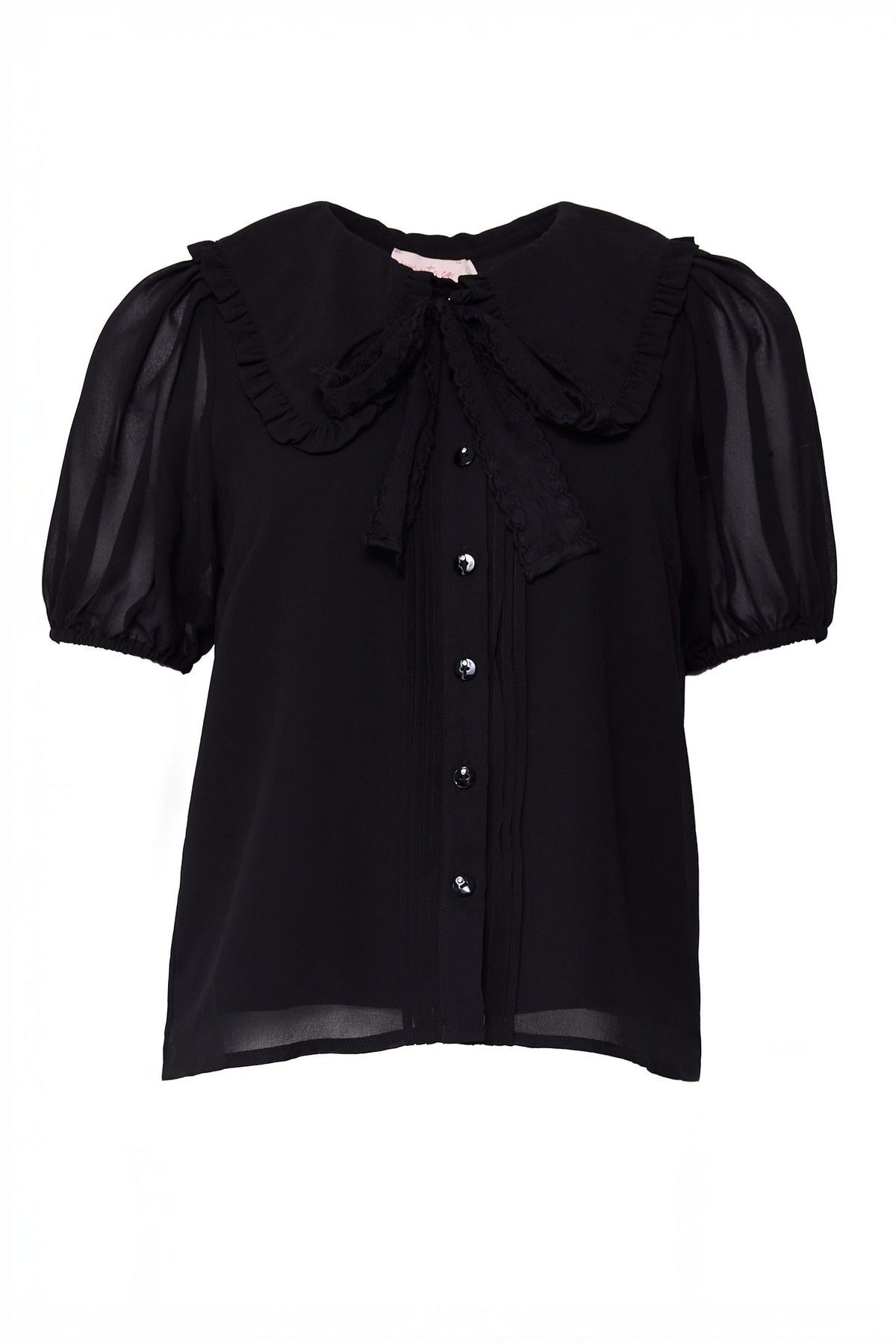 Black blouse with ruffled collar and puff sleeves on a white background with a tie under the collar