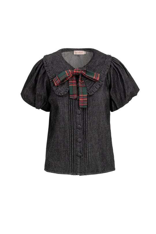 Dark gray blouse with plaid bow on a white background