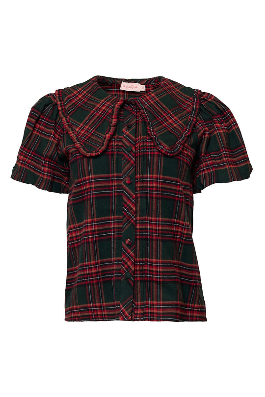 Plaid shirt with ruffled collar on a white background