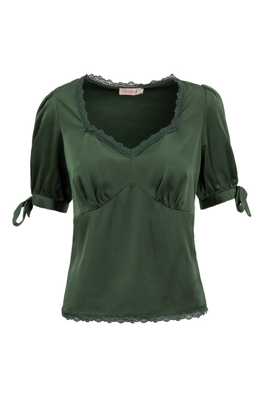 Green blouse with lace details on a white background