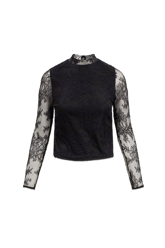 Black long-sleeve top with lace detailing on a white background