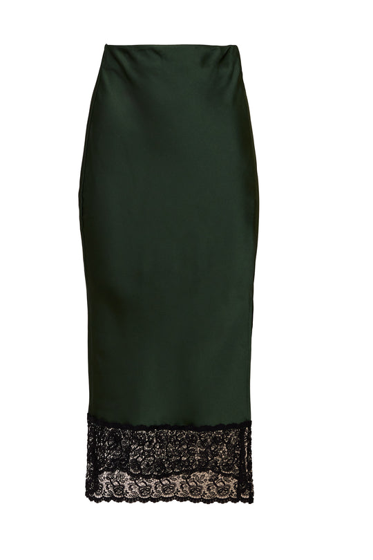 Green pencil skirt with black lace trim on a white background