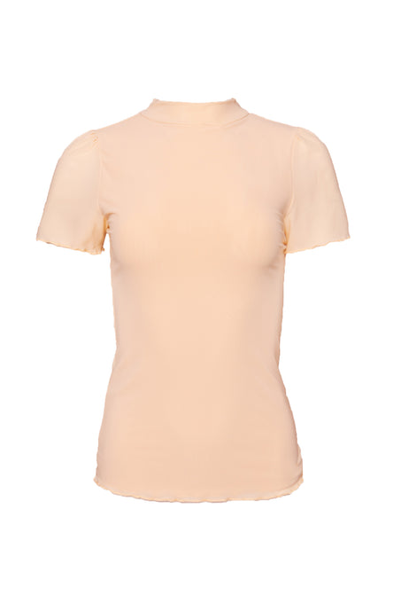 The Ava Top in Cream by Ivy City Co is a light peach, short-sleeve fitted top featuring a mock neckline and smooth texture, shown against a plain white background.