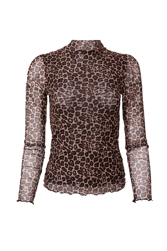 The Ava Long Sleeve Top in Leopard by Ivy City Co features sheer mesh material, a fitted silhouette, brown and black leopard print, and a high neckline.