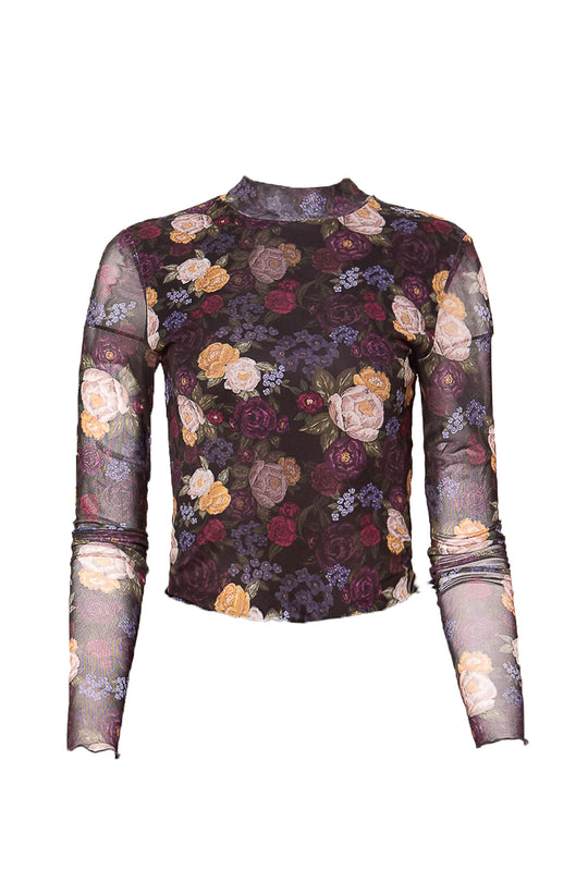 Floral patterned long-sleeve top on a white background