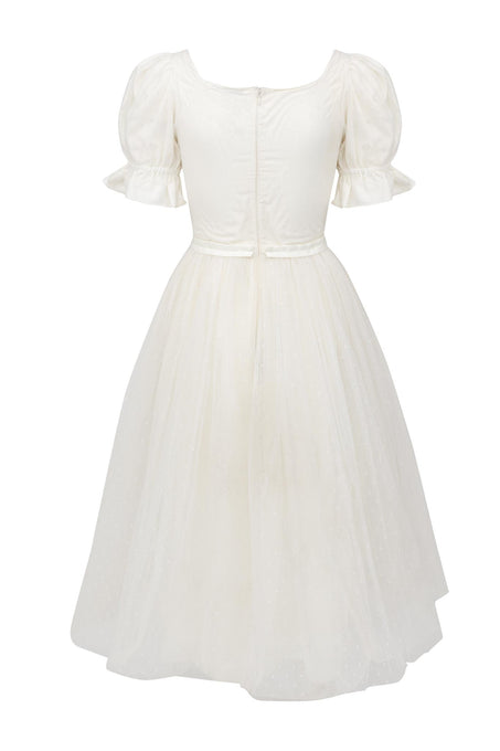The Ballerina Dress in White by Ivy City Co. features a vintage romantic style with short puff sleeves, fitted bodice, back zipper, and a full tulle skirt adorned with subtle polka dots—perfect for a dreamy look.