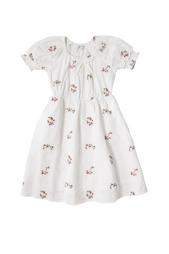 The Mini Jessie Dress in Ditsy Embroidery by Ivy City Co is a white cotton dress featuring short puffed sleeves, a gathered waist, and subtle vertical stripes. Adorned with delicate pink floral embroidery scattered throughout, this charming piece offers a sweet and timeless look.