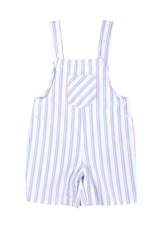 The Ivy City Co Baby Alex Overalls in Heritage Stripe feature light blue and white stripes, red accents, adjustable shoulder straps, and a chest pocket—a relaxed fit perfect for a festive Fourth of July look.