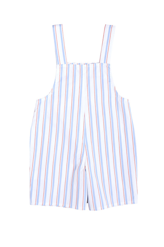 The Baby Alex Overalls in Heritage Stripe by Ivy City Co feature light blue and white fabric with wide red and blue vertical stripes, sleeveless design, wide shoulder straps, and loose shorts—perfect for the Fourth of July. Displayed on a white background.