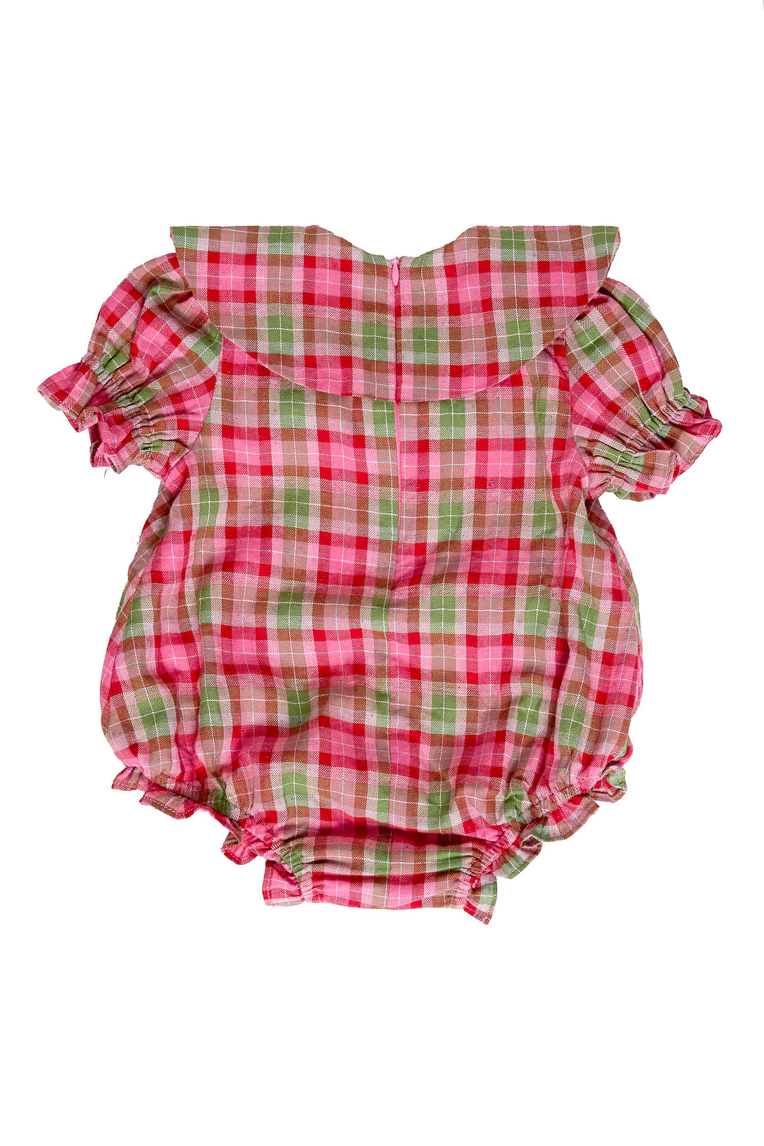 Pink and green plaid baby romper with ruffles on a white background