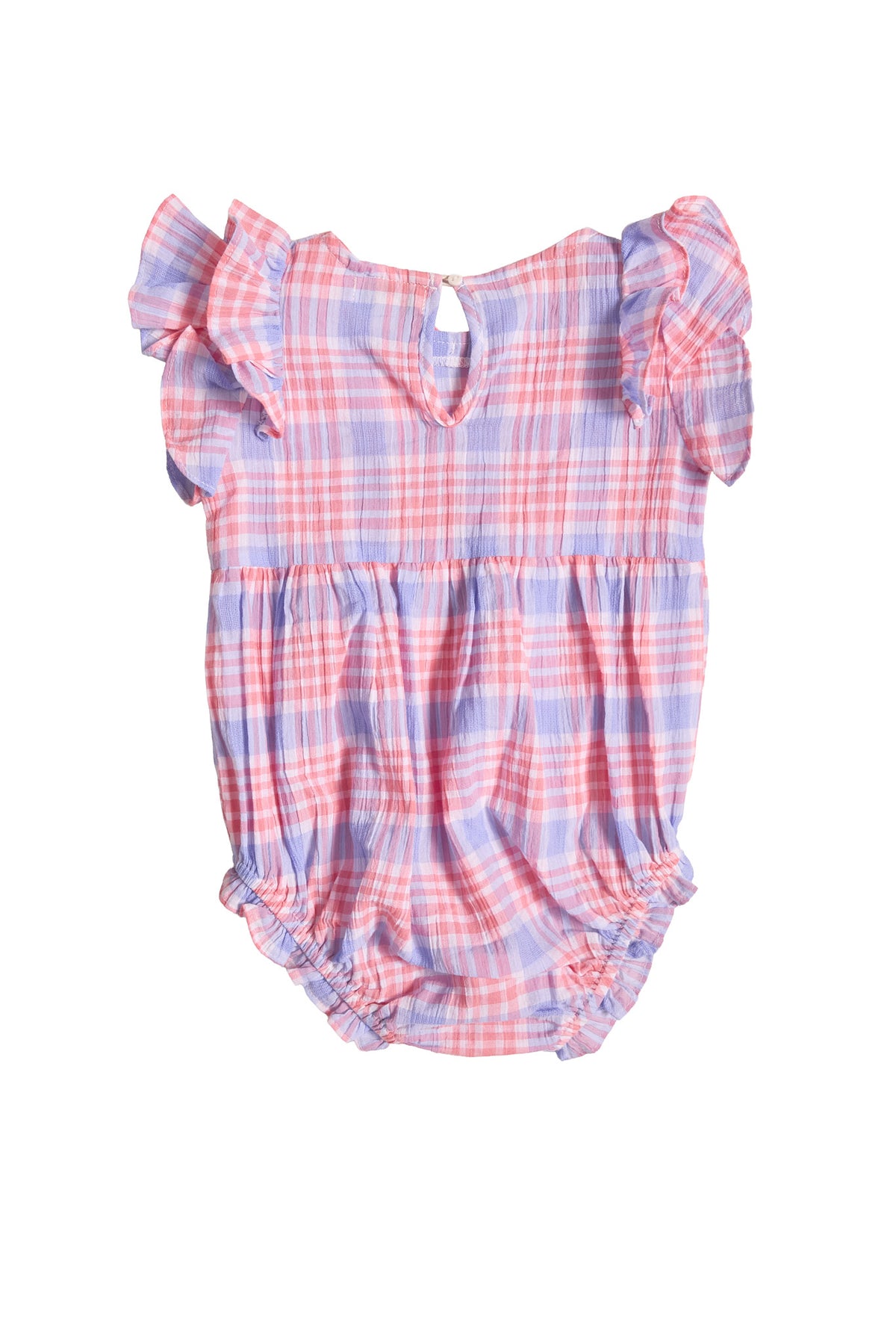 The Baby Ana Romper in Blossom Plaid by Ivy City Co features short ruffled sleeves, a pink and purple plaid pattern, gathered waist, elastic leg openings, and button closure—making it a perfect spring outfit for your little one.