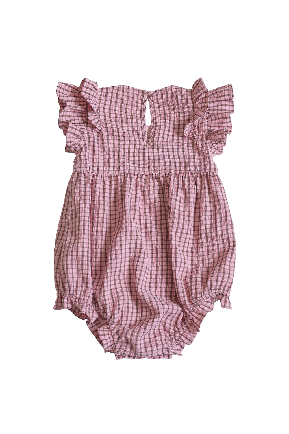 The Ivy City Co Baby Ana Romper in Pink & Brown Gingham features flutter sleeves, a gathered waist, and elastic leg openings, shown on a white background.