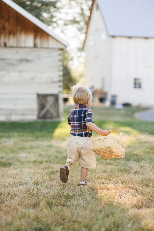 A young child wears the Ivy City Co Baby Boy James Romper in Midnight Plaid while carrying a woven basket across grassy lawns toward rustic wooden buildings on a sunny day.
