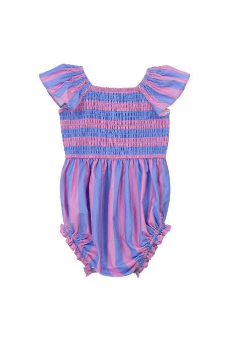 The Ivy City Co Baby Collins Romper in Pink & Blue Stripe features a smocked bodice, ruffled short sleeves, and elastic leg openings with delicate ruffles for added charm.