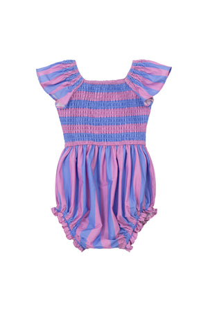 The Baby Collins Romper in Pink & Blue Stripe by Ivy City Co is a cotton romper with ruffled sleeves, smocked bodice, and gathered legs, featuring wide pink and blue stripes on a white background.