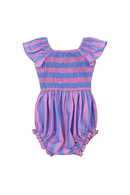 The Baby Collins Romper in Pink & Blue Stripe by Ivy City Co is a cotton romper with ruffled sleeves, smocked bodice, and gathered legs, featuring wide pink and blue stripes on a white background.