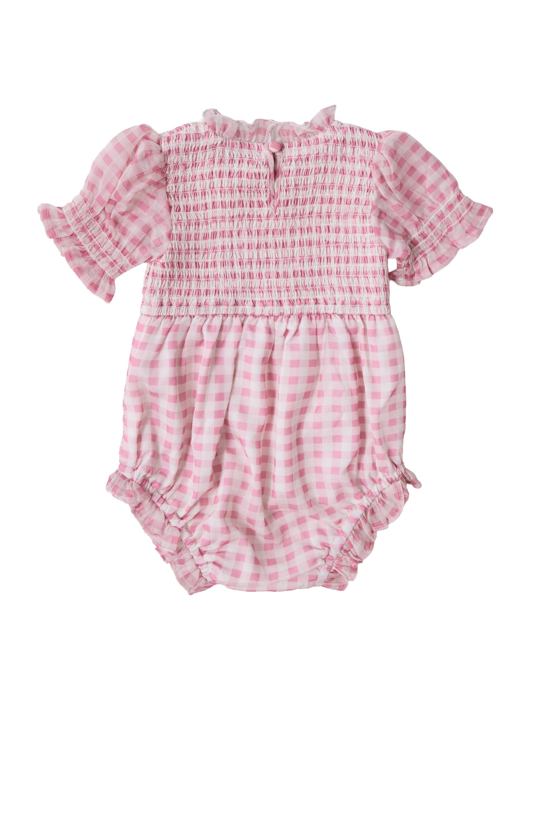 The Ivy City Co Baby Cordelia Romper in Desert Rose Gingham features short ruffled sleeves, a smocked bodice, gathered waist, and elastic leg openings—perfect for spring. Shown on a plain white background.