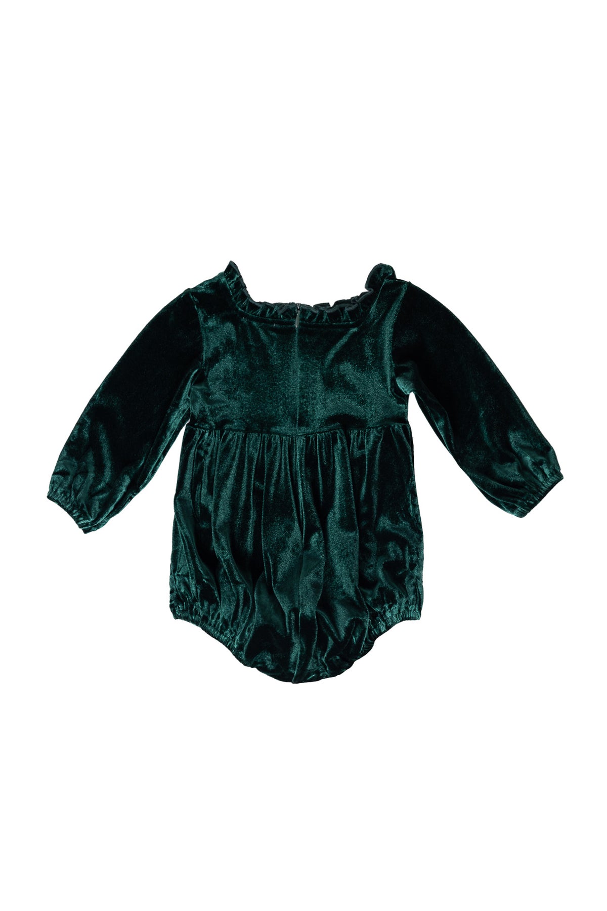 Green velvet baby romper on a white background