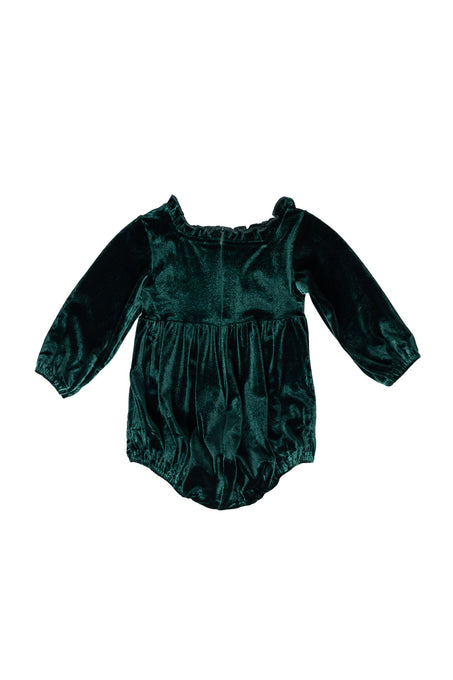 Green velvet baby romper on a white background
