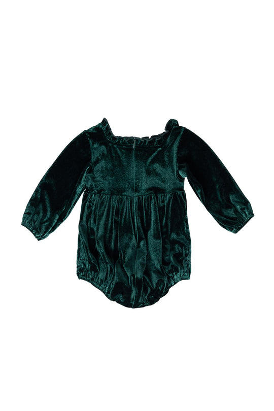 Green velvet baby romper on a white background