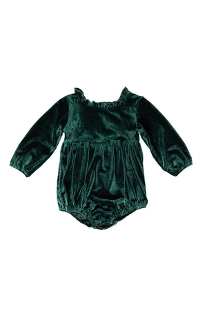 Green velvet baby romper on a white background