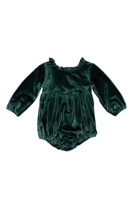 Green velvet baby romper on a white background