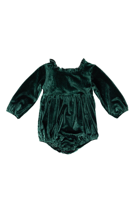 Green velvet baby romper on a white background