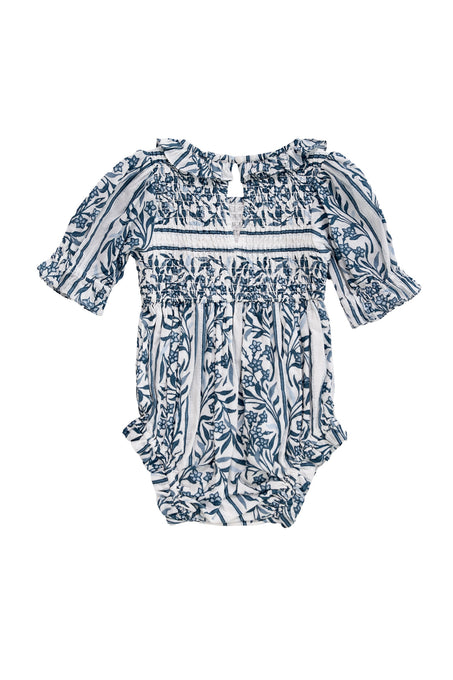Blue floral baby romper on a white background