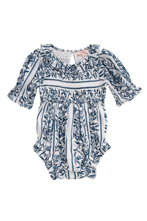 Blue floral baby romper on a white background