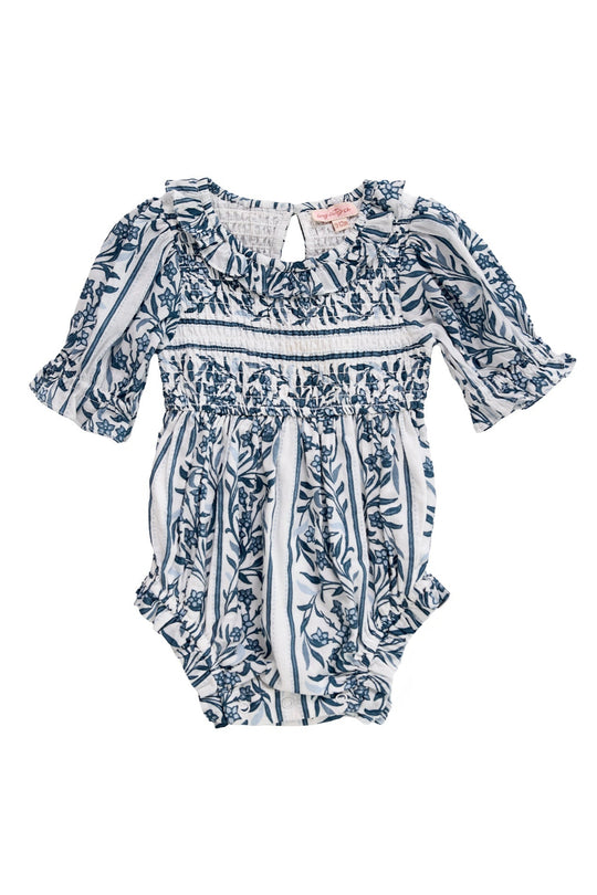 Blue floral baby romper on a white background