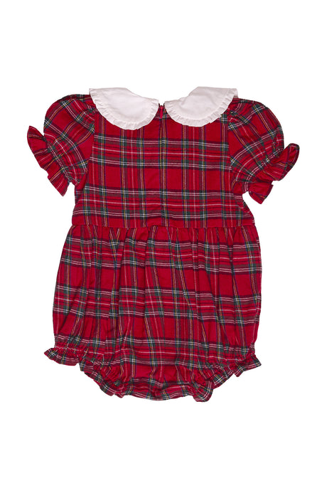 Red plaid baby romper with white collar on a white background