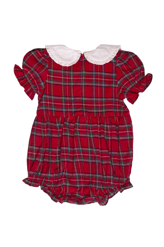 Red plaid baby romper with white collar on a white background