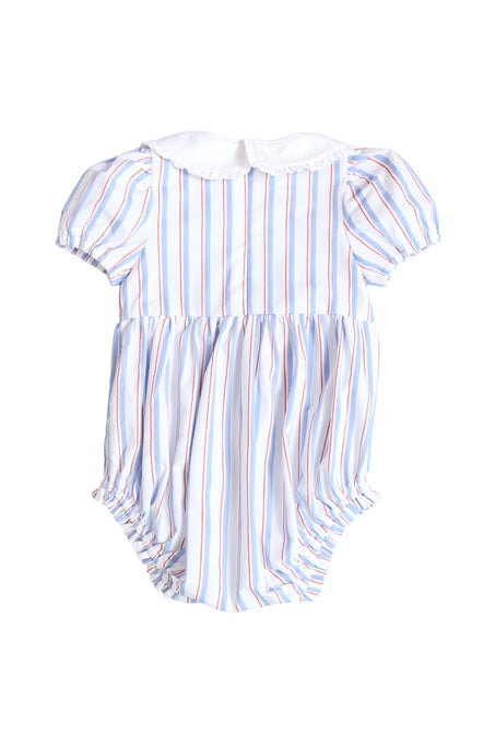 The Ivy City Co Baby Emery Romper in Heritage Stripe features short puff sleeves, a white Peter Pan collar, and red, blue, and white stripes—perfect for a cheerful Fourth of July. Pictured on a white background.