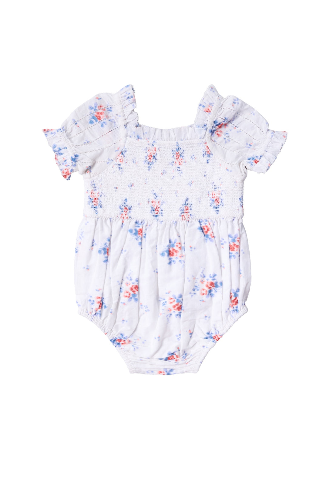 The Baby Emily Romper in Heritage Soft Ditsy Floral by Ivy City Co features a white base, pink and blue floral print, short ruffled sleeves, and smocked bodice—ideal for sweet mom and me matching moments.