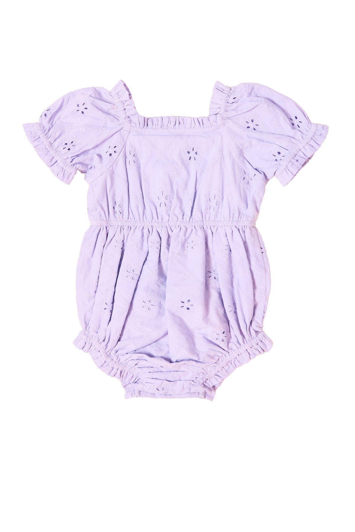 The Baby Emmi Romper in Lilac by Ivy City Co features short ruffled sleeves, a square neckline, and elastic leg openings. This light purple romper showcases an embroidered eyelet pattern with delicate floral designs, making it the perfect spring outfit for your little one.