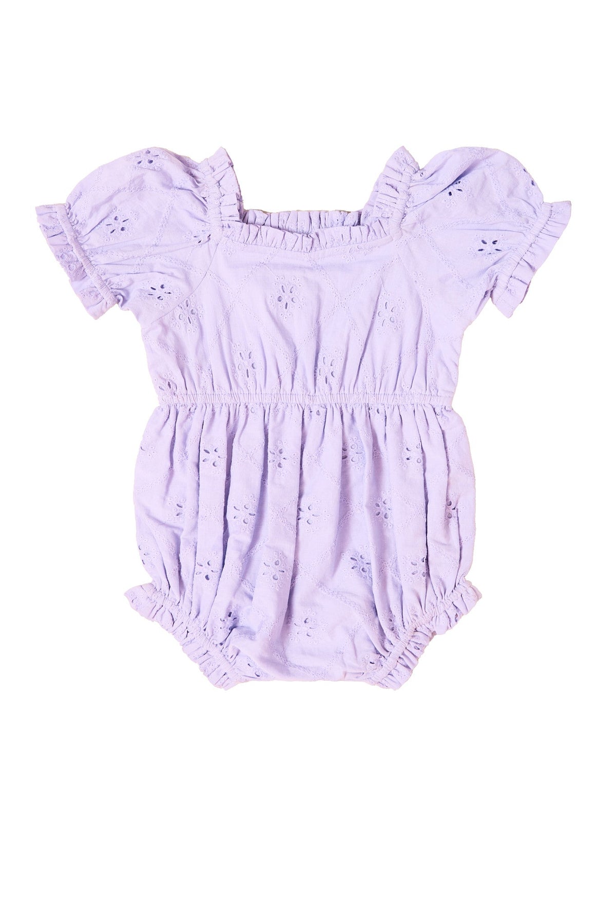 The Baby Emmi Romper in Lilac by Ivy City Co features short ruffled sleeves, eyelet embroidery, and elastic at the waist, leg openings, and neckline. Shown here on a white background, it’s the perfect spring baby outfit.