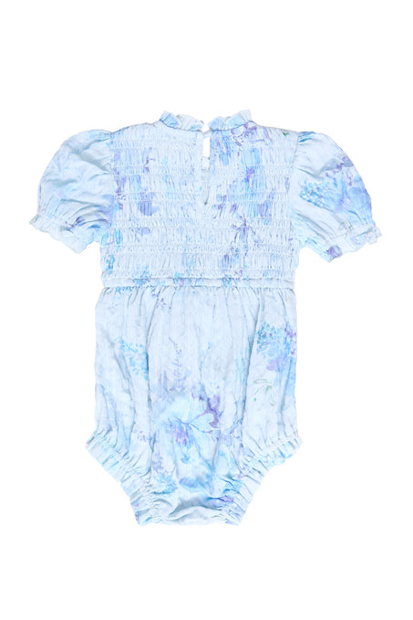 the back of a blue floral baby romper against a white background