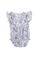 The Ivy City Co Baby Hattie Romper in Blue Floral is a cotton romper for babies, featuring flutter sleeves, a blue floral print on white, gathered leg openings, and back buttons for easy changing.