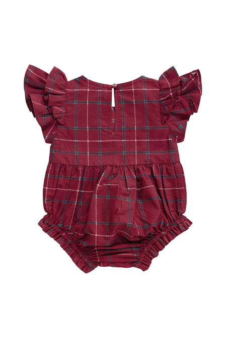 Red plaid baby romper with ruffled sleeves on a white background