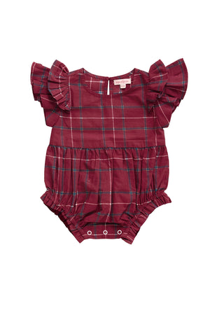 Red plaid baby romper with ruffled sleeves on a white background