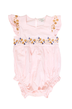 Pink baby romper against a white background