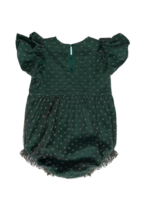 Green polka dot baby romper with ruffled sleeves on a white background