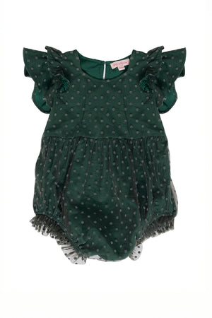 Green baby romper with ruffled sleeves on a white background