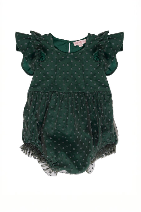 Green baby romper with ruffled sleeves on a white background
