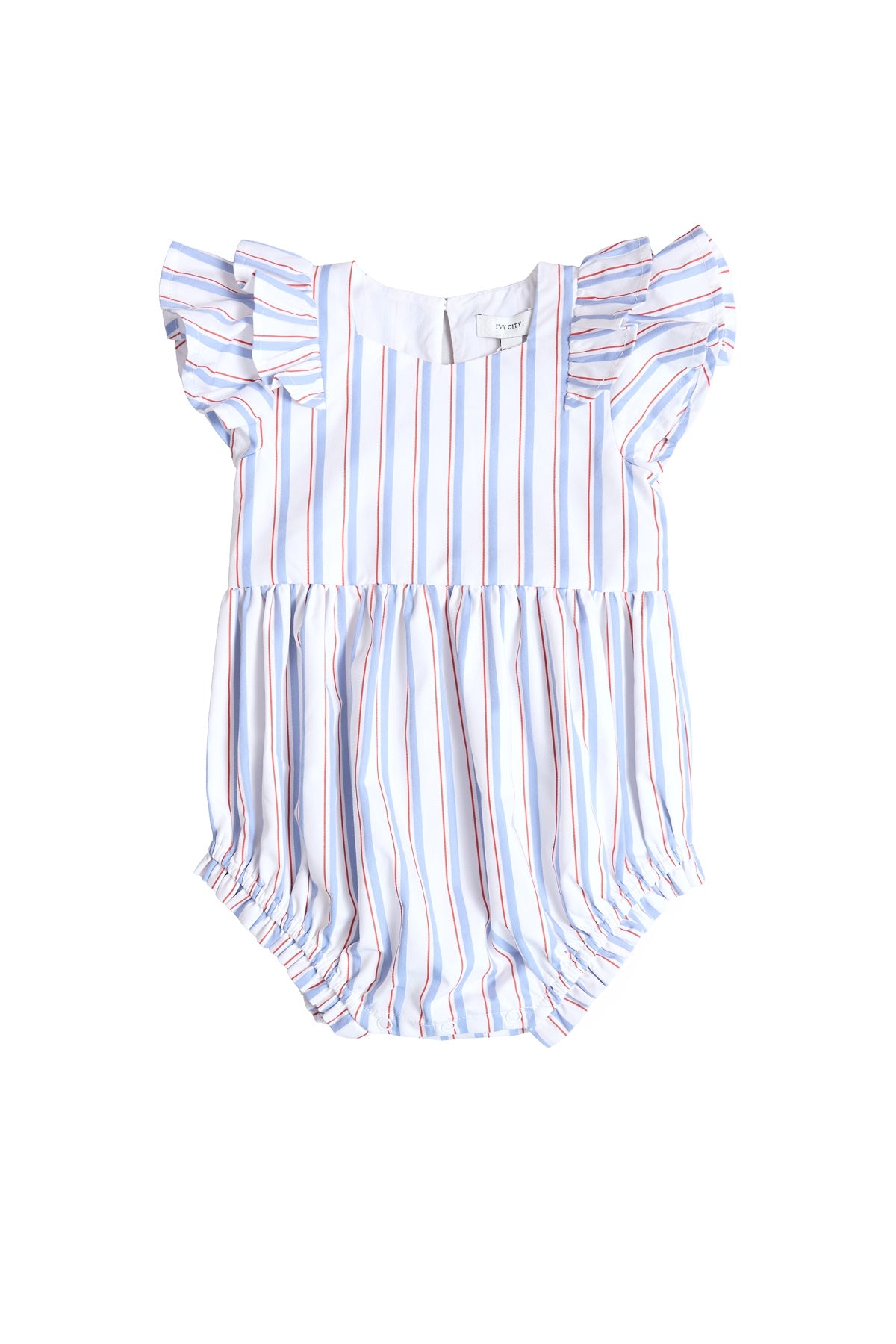 The Ivy City Co Baby Hattie Romper in Heritage Stripe features blue, white, and red stripes, ruffled sleeves, a gathered waist, and elastic leg openings—perfect for your baby’s Fourth of July outfit. Shown on a plain white background.