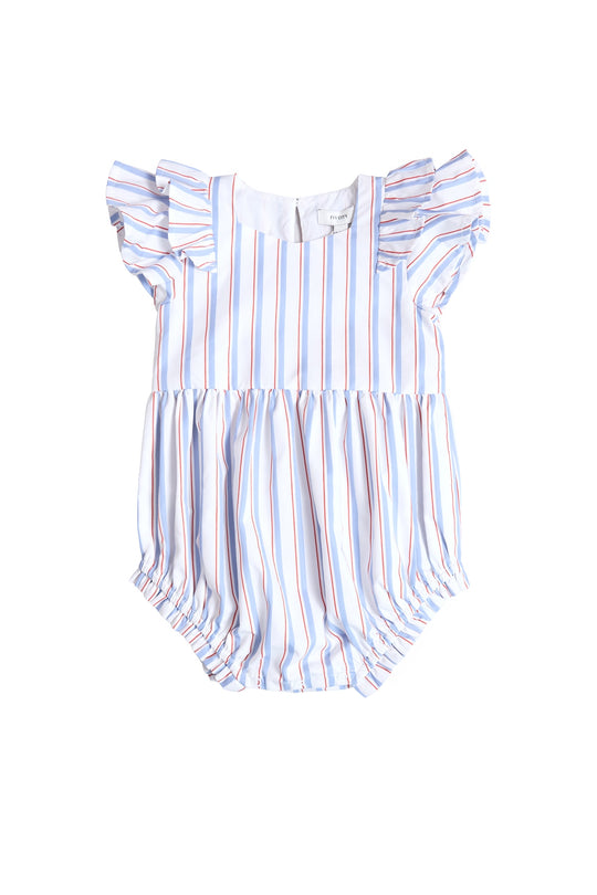 The Ivy City Co Baby Hattie Romper in Heritage Stripe features blue, white, and red stripes, ruffled sleeves, a gathered waist, and elastic leg openings—perfect for your baby’s Fourth of July outfit. Shown on a plain white background.